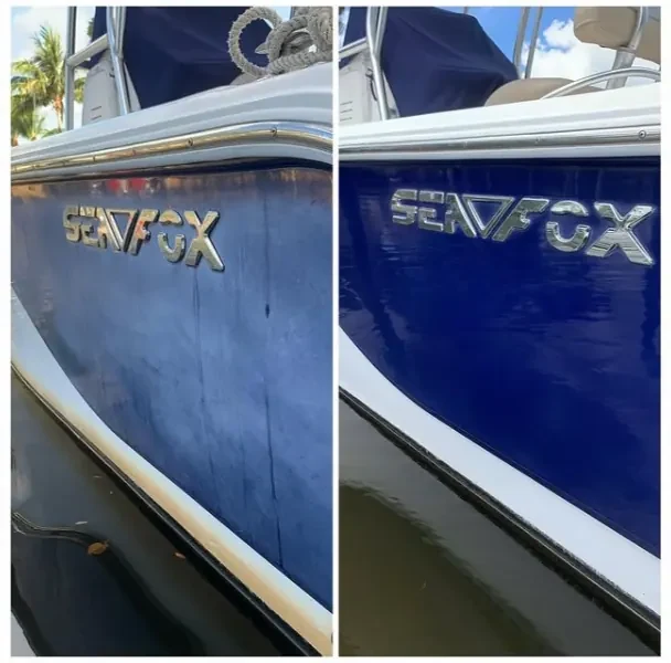 Comparación antes y después del pulido del costado azul de una embarcación